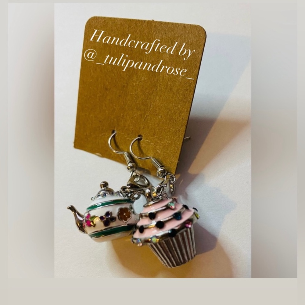 Handmade Tea Time Mix-MatchTea Pot/Cupcake Charm Earrings Nickel Free Hooks 2”